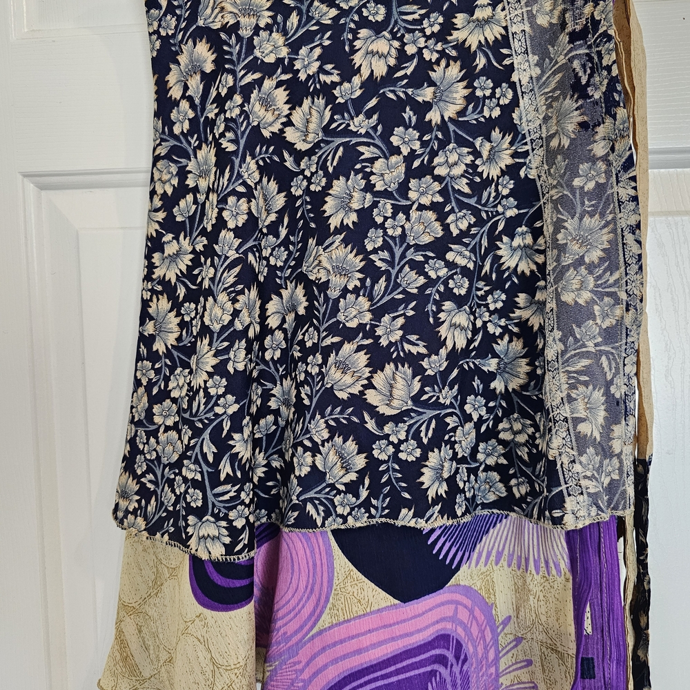 Sari Wrap Skort, MINI, One Size Floral Print Navy and Cream Tiered Womens Skirt